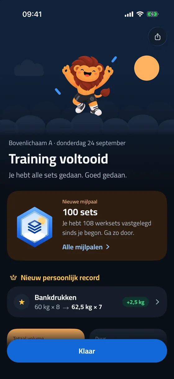 Trainingsoverzicht met mijlpalen