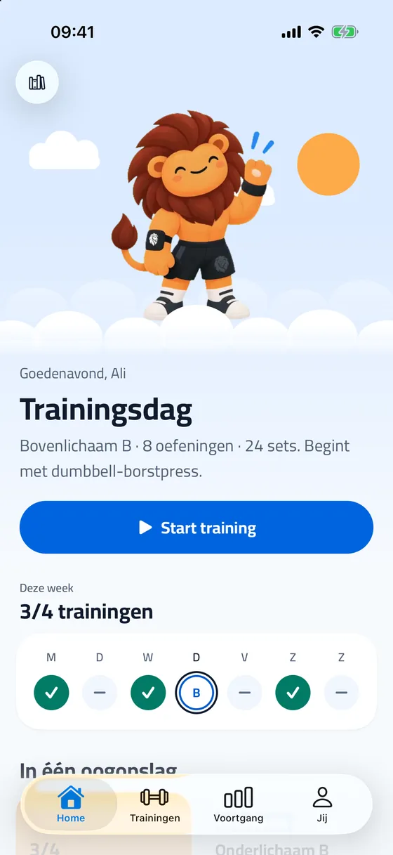 Startscherm van Lagash met de training van vandaag