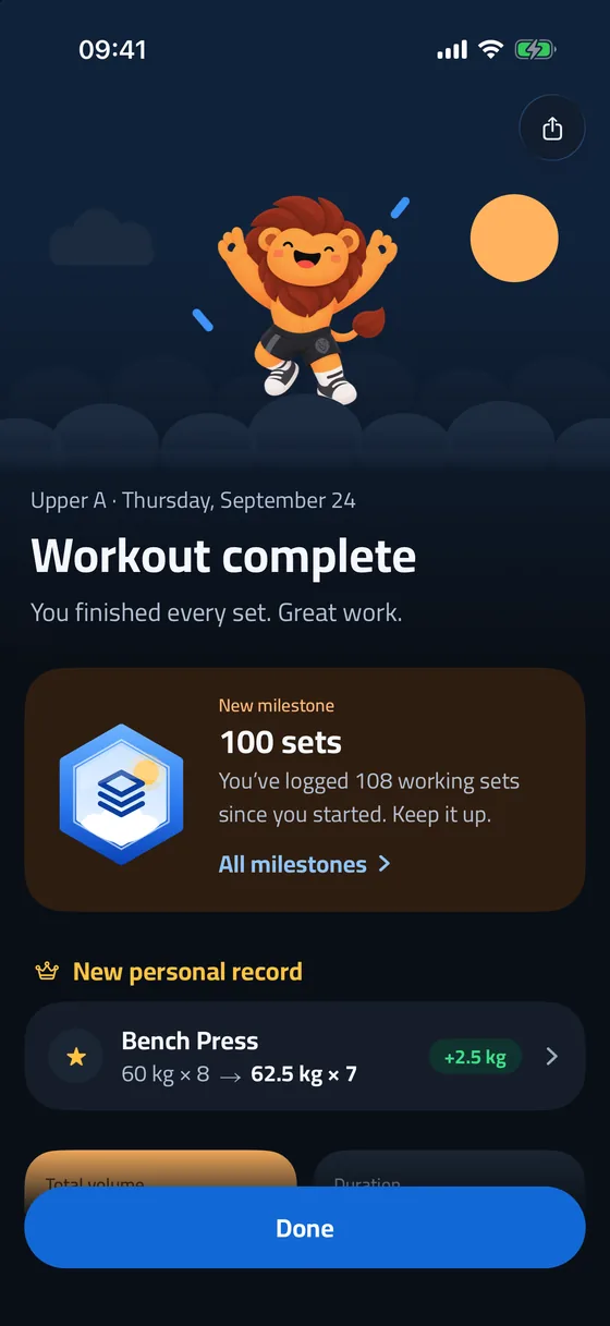 Workout summary with milestones