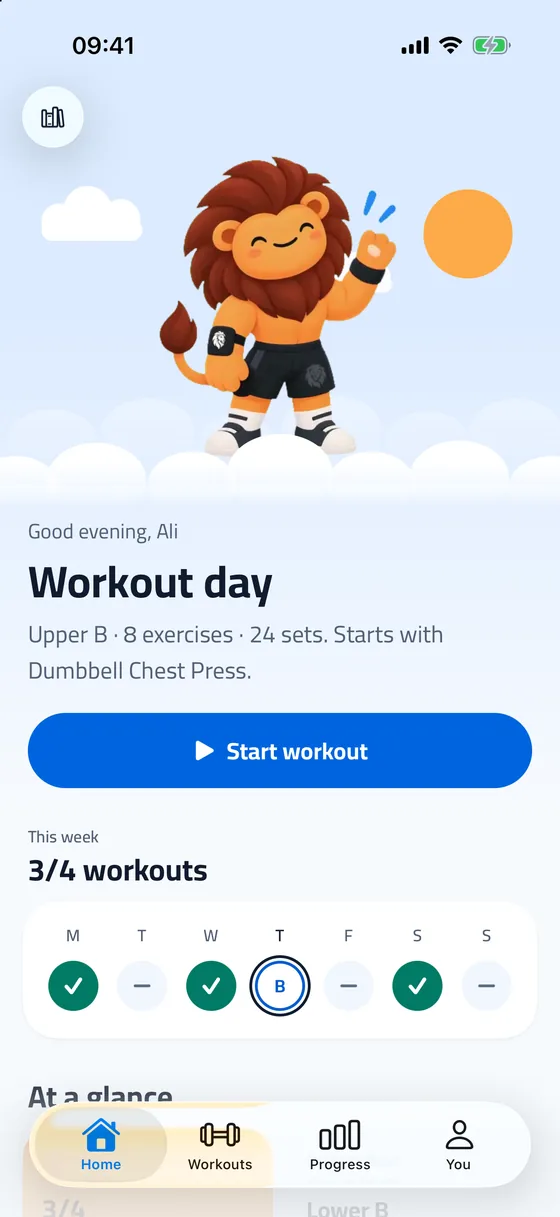 Lagash home screen with today's workout